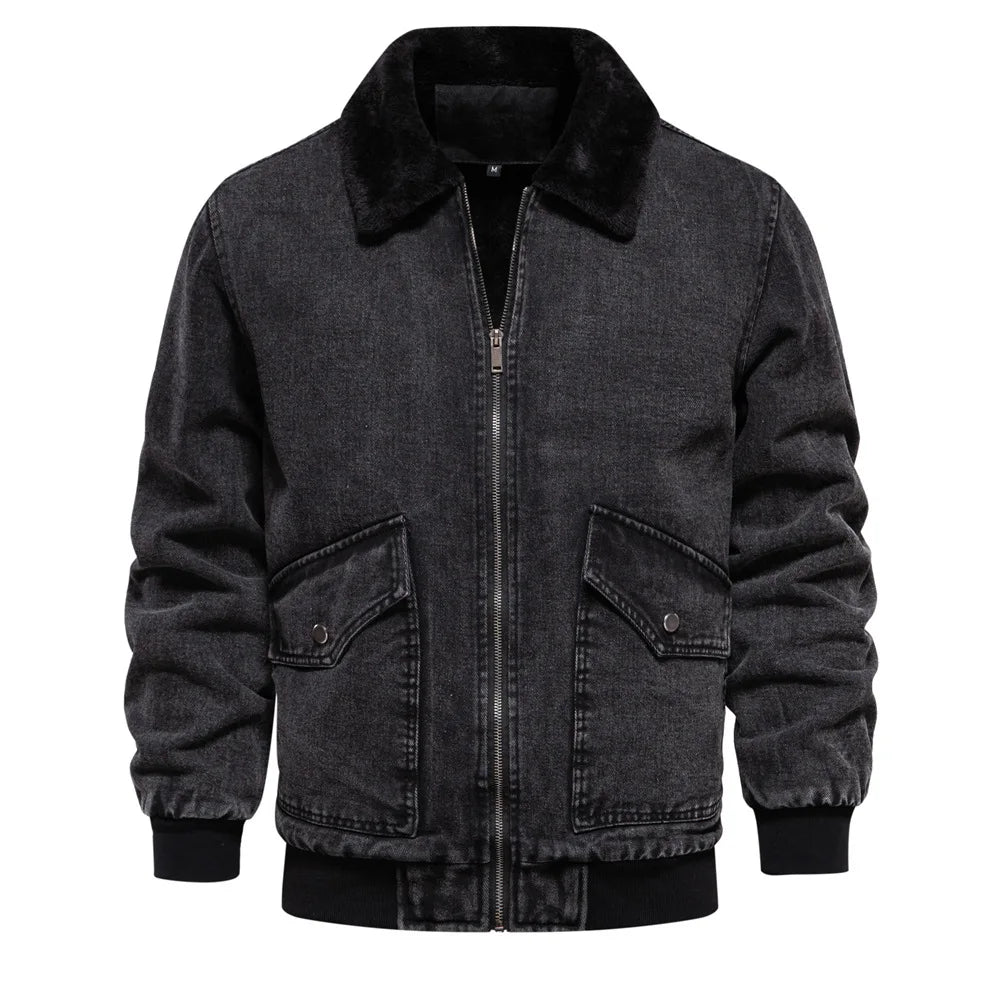 Men’s Denim Bomber Jacket with Faux-Fur Collar