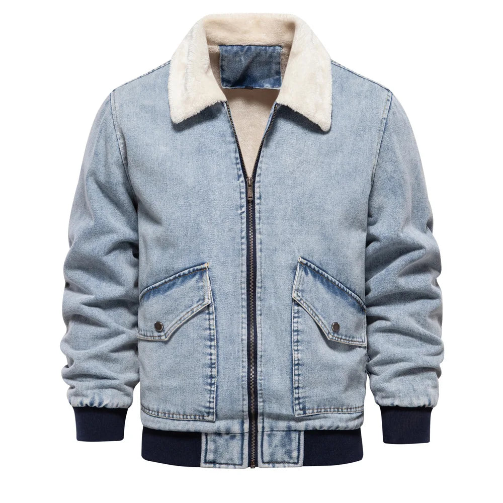 Men’s Denim Bomber Jacket with Faux-Fur Collar
