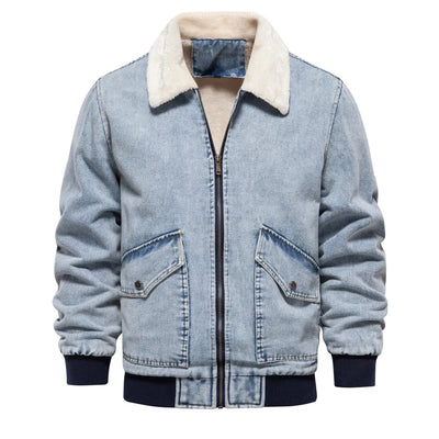 Men’s Denim Bomber Jacket with Faux-Fur Collar