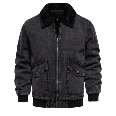 Men’s Denim Bomber Jacket with Faux-Fur Collar