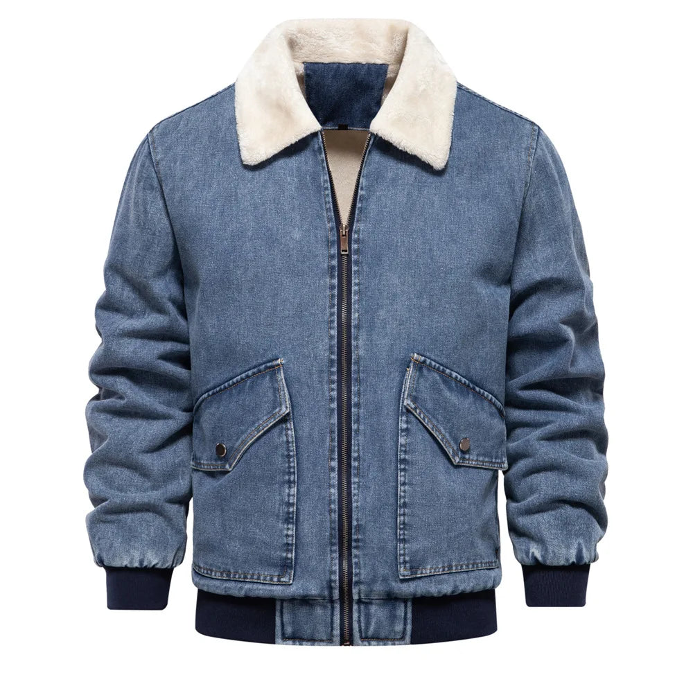 Men’s Denim Bomber Jacket with Faux-Fur Collar