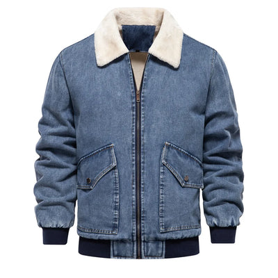 Men’s Denim Bomber Jacket with Faux-Fur Collar